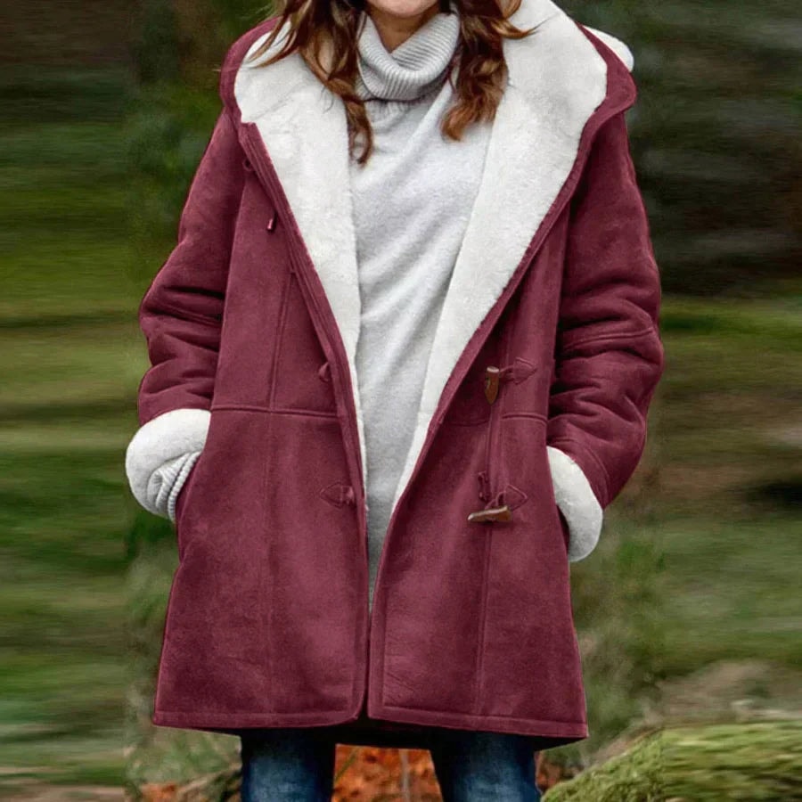Women's Fleece-Lined Faux Suede Hooded Jacket with Toggle Closure