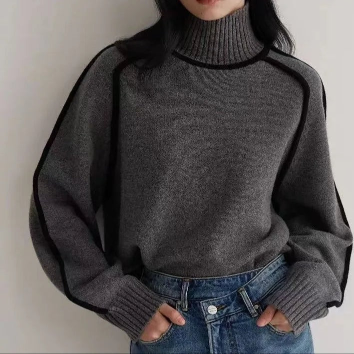 Solène High-Neck Knitted Jumper with Contrast Piping Detail