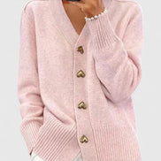 Lillyanne Heart Button V-Neck Women's Knitted Cardigan with Soft Drape