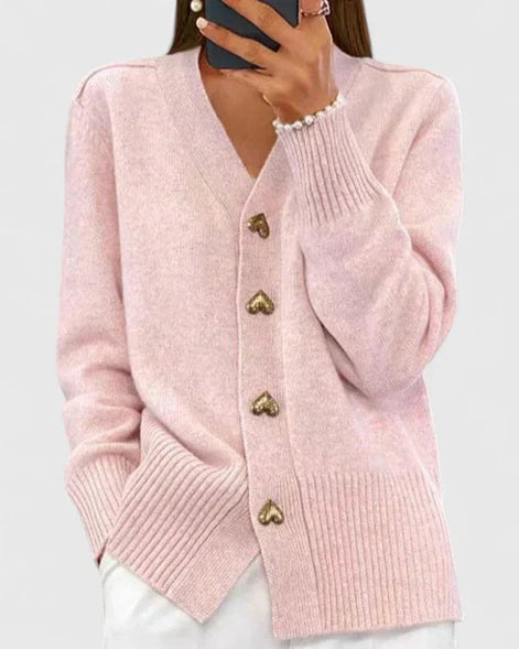Lillyanne Heart Button V-Neck Women's Knitted Cardigan with Soft Drape