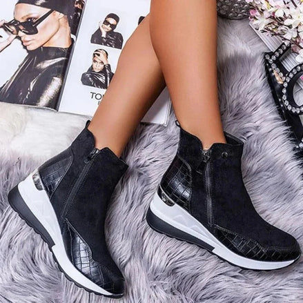 Women's Wedge Ankle Boots with Croc-Effect Panels and Side Zips