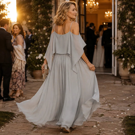 Solavia Cold-Shoulder Chiffon Women's Midi Dress with Cascading Side Drape