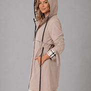 Women's Hooded Longline Cotton-Blend Rain Jacket with Drawstring Waist