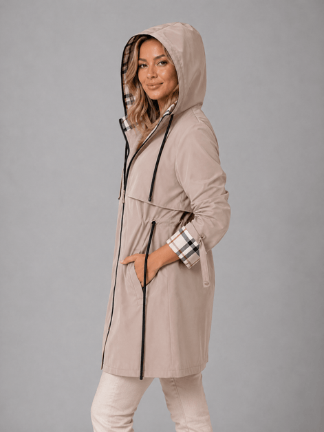 Women's Hooded Longline Cotton-Blend Rain Jacket with Drawstring Waist