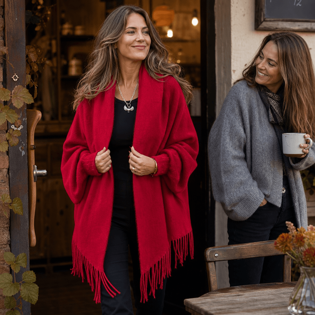Fringe-Trim Draped Shawl Collar Open-Front Wool Winter Coat for Women