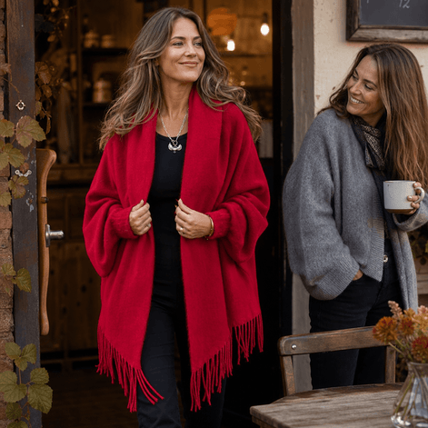 Fringe-Trim Draped Shawl Collar Open-Front Wool Winter Coat for Women