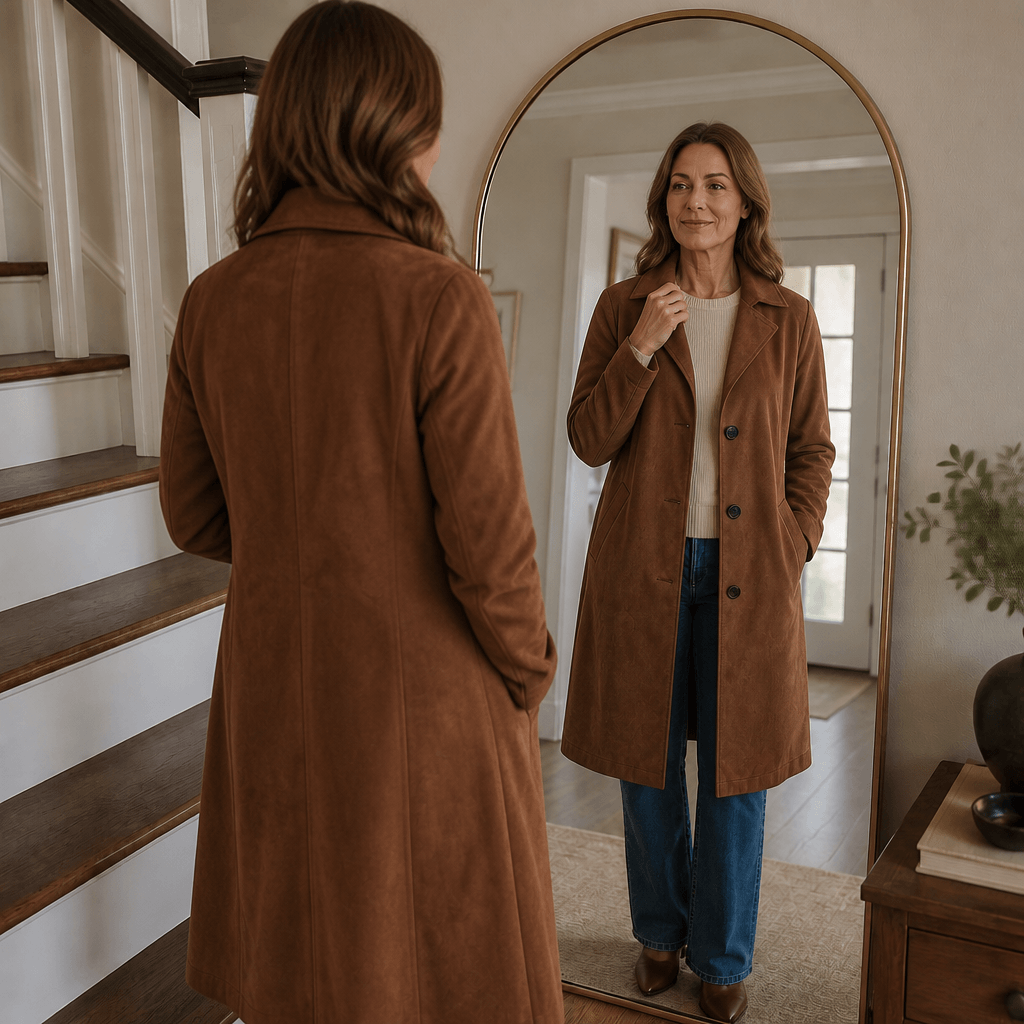 Women's Long Suede-Effect Button-Front Coat with Clean Vertical Line