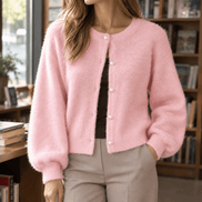 Oriane-Claire Fuzzy Knitted Cardigan for Women with Pearl Buttons