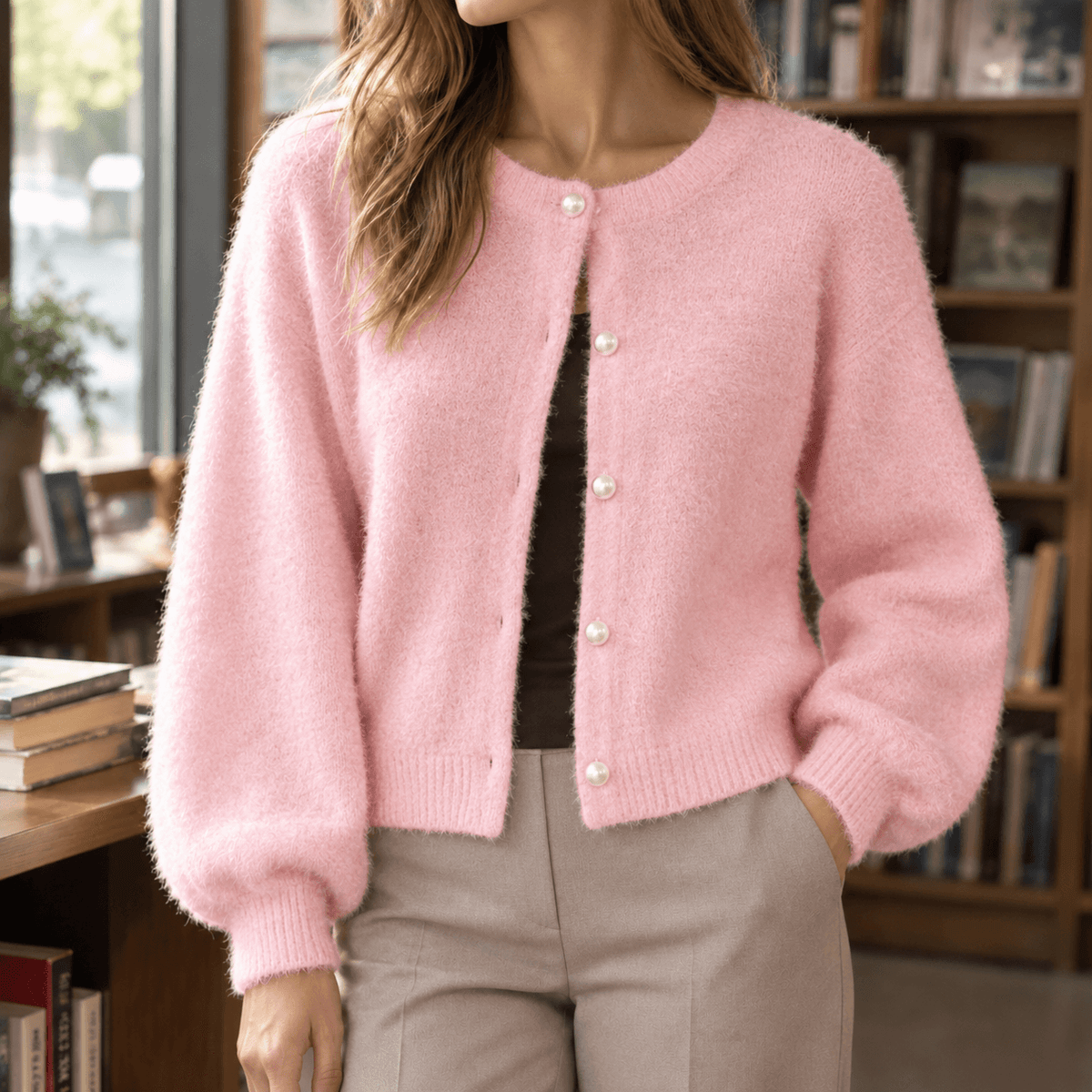 Oriane-Claire Fuzzy Knitted Cardigan for Women with Pearl Buttons
