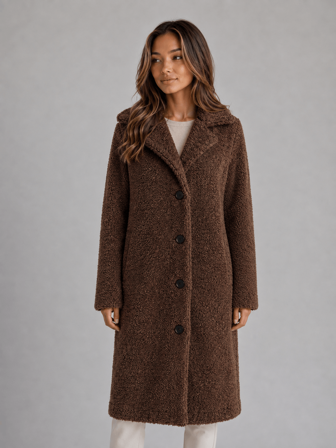 Women's Longline Teddy Borg Fleece Button-Front Jacket
