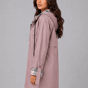 Women's Hooded Longline Zip-Up Rain Jacket with Check Trim