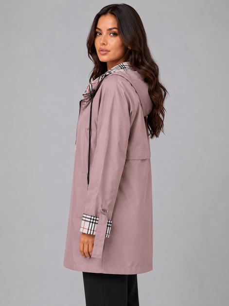 Women's Hooded Longline Zip-Up Rain Jacket with Check Trim