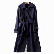 Women's Double-Breasted Belted Longline Polyester Trench Coat with Plaid Lining