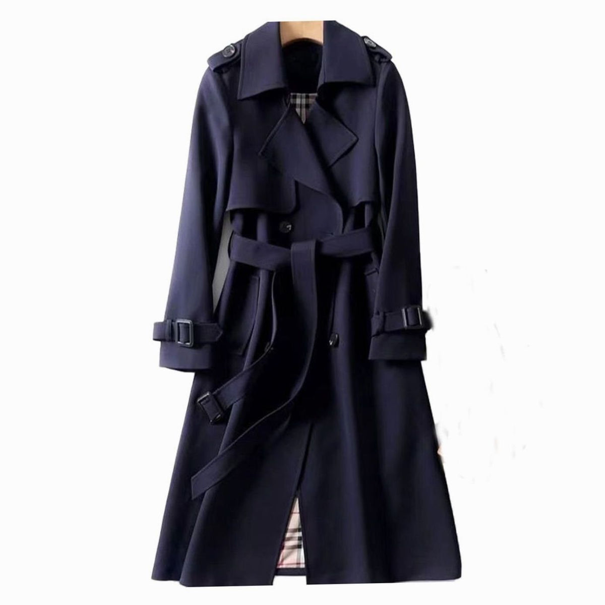 Women's Double-Breasted Belted Longline Polyester Trench Coat with Plaid Lining
