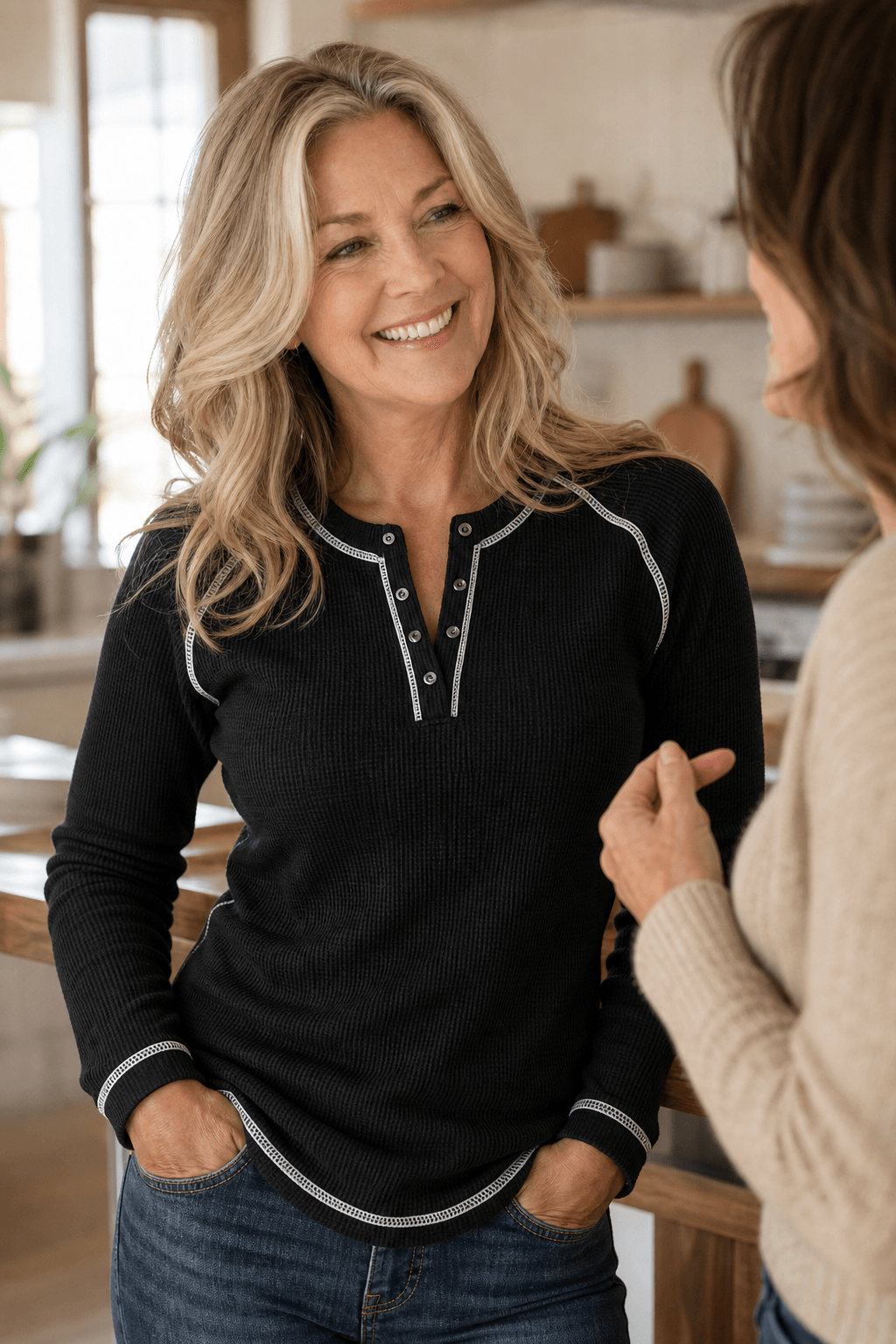 Women's Waffle Knit Henley Top with Button Placket