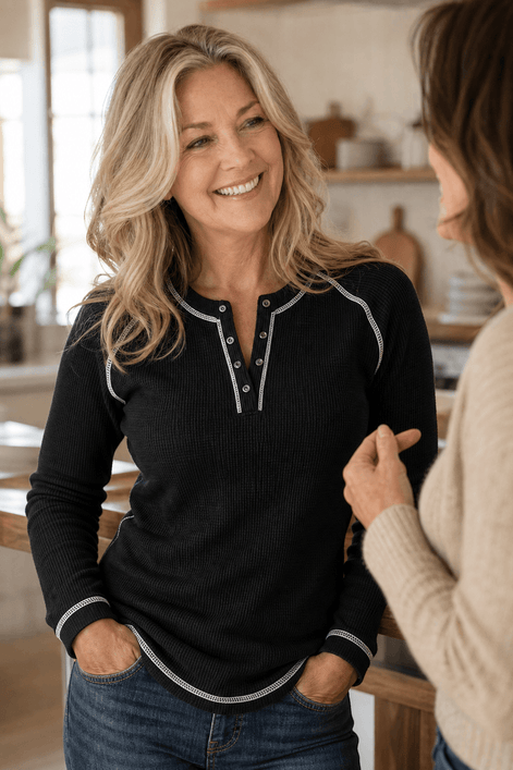 Women's Waffle Knit Henley Top with Button Placket