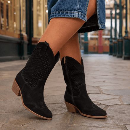 Soriano Perforated Western Leather Boots with Block Heel and Side Zip