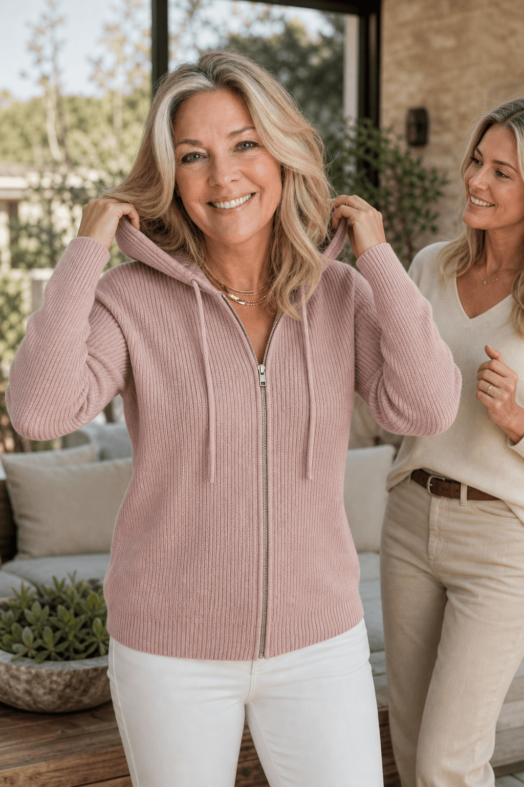 Women's Ribbed Zip-Up Hooded Cardigan with Drawstring Hood