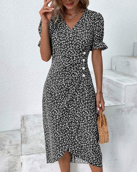 Floral Wrap Midi Dress for Wedding Guest and Christmas Party Wear