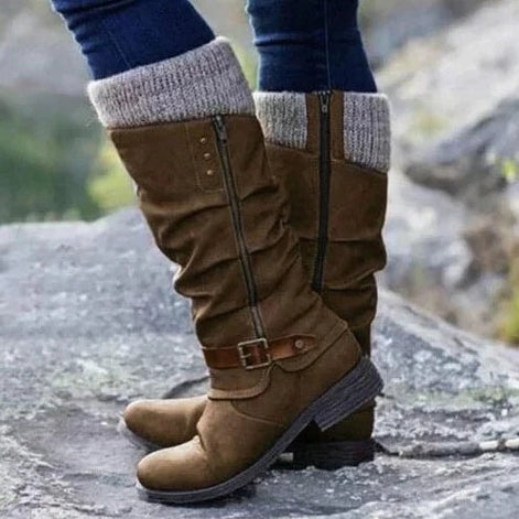 Women's Knee-High Winter Boots with Knit Cuff and Buckle Strap