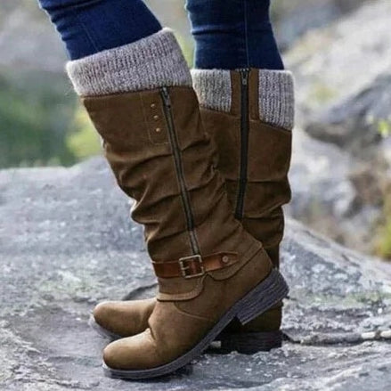 Women's Knee-High Winter Boots with Knit Cuff and Buckle Strap