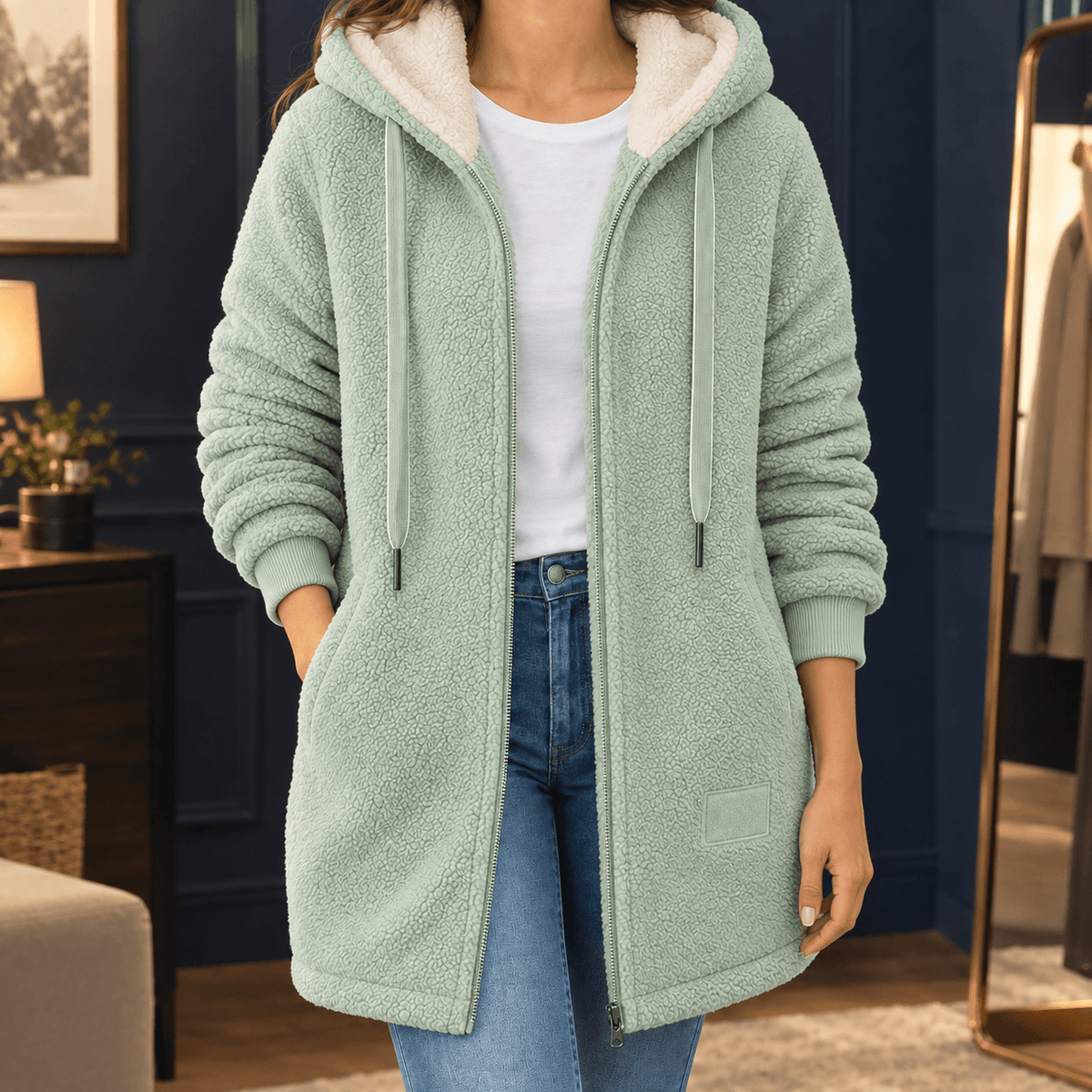 Women's Hooded Sherpa Fleece Longline Coat with Ribbed Cuffs