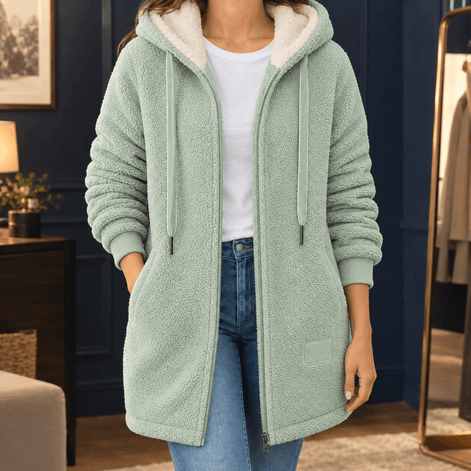 Women's Hooded Sherpa Fleece Longline Coat with Ribbed Cuffs