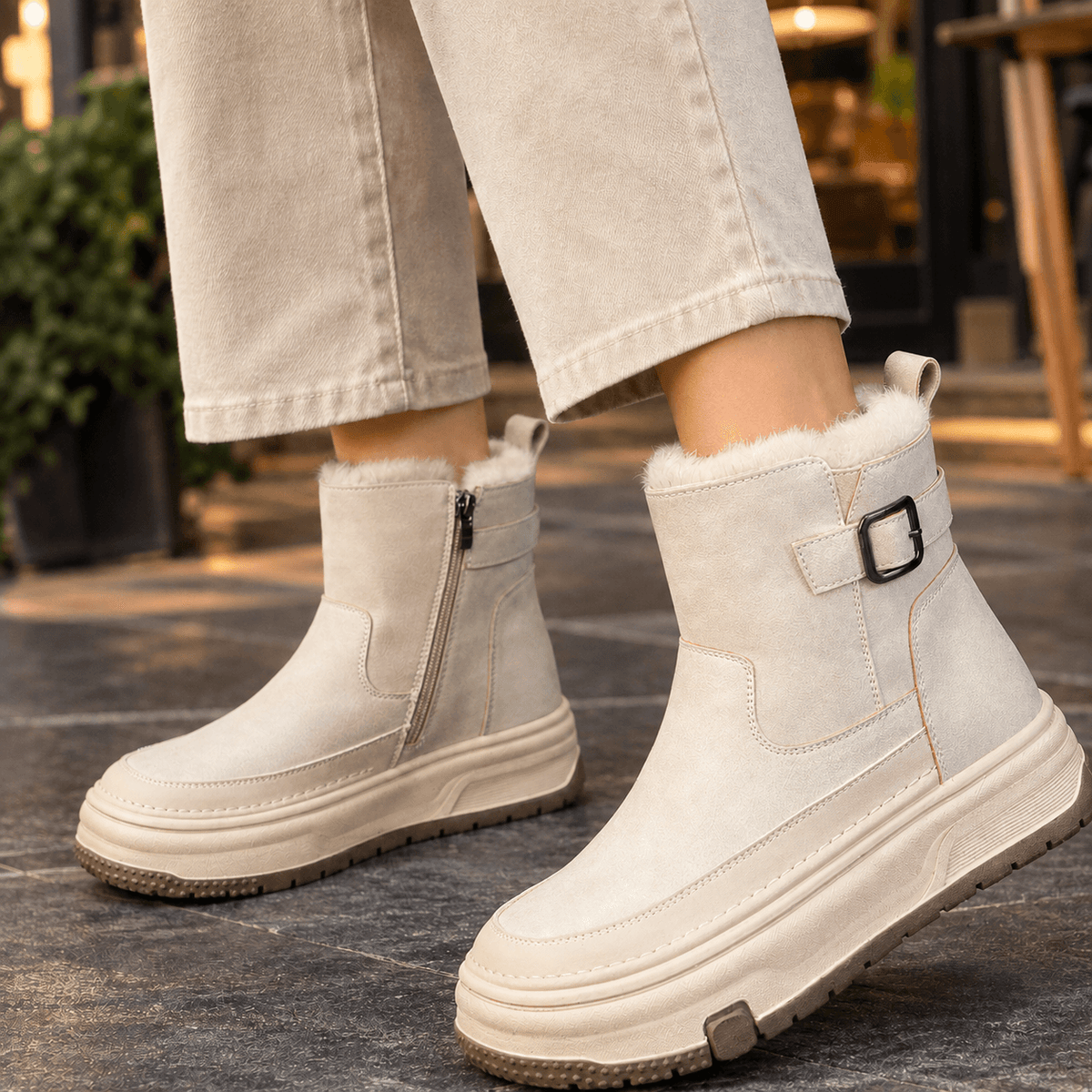Imola-Milano Women's Plush-Lined Leather Platform Winter Boots with Buckle Strap