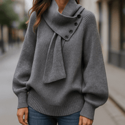 Women's Ribbed Knit Jumper with Draped Scarf-Neck Collar