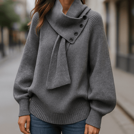 Women's Ribbed Knit Jumper with Draped Scarf-Neck Collar