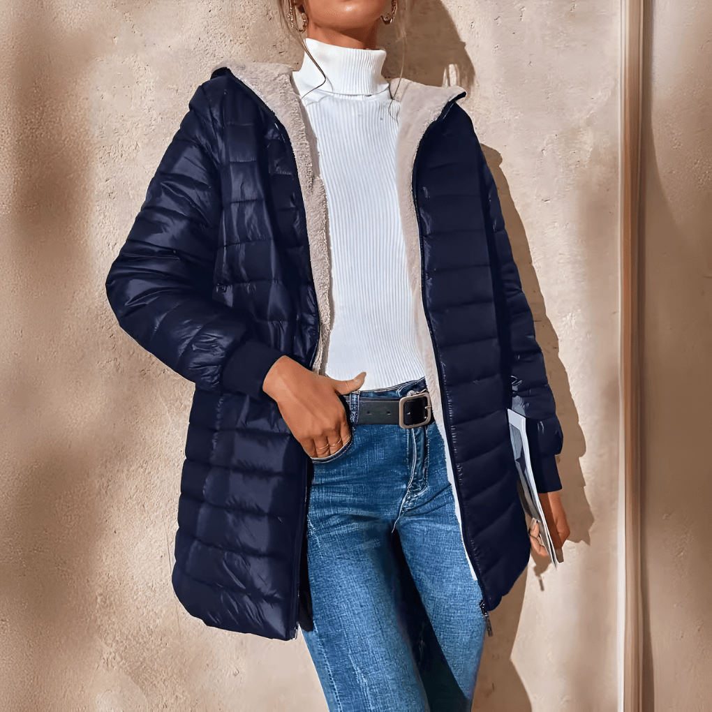 Women's Hooded Fleece-Lined Quilted Puffer Jacket with Longline Fit