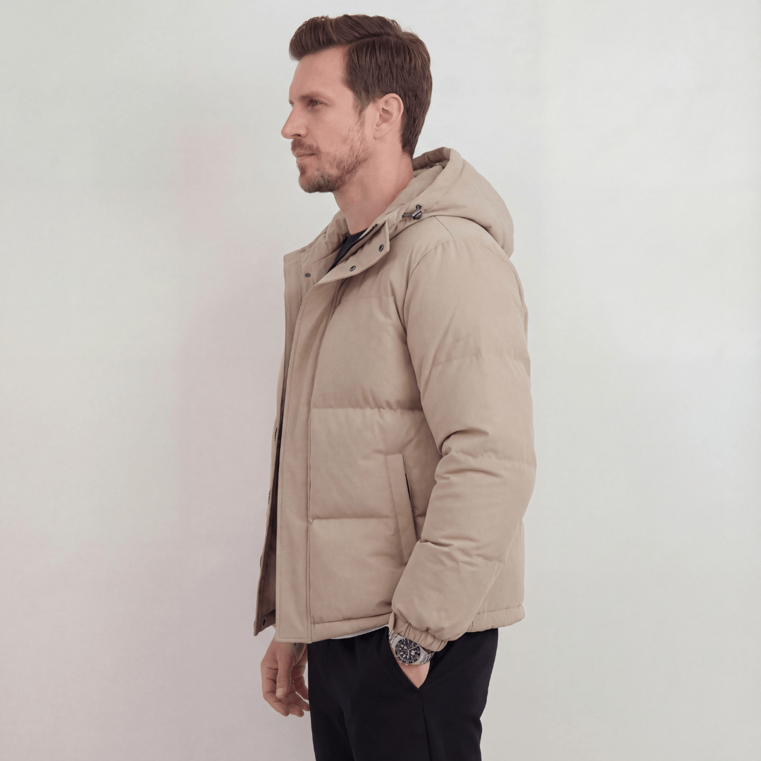 Men's Hooded Puffer Jacket with Adjustable Hood and Zip Closure