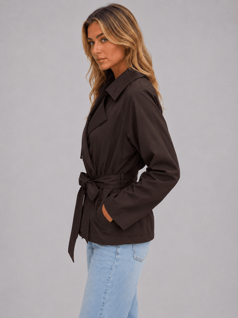 Cropped Double-Breasted Trench Coat with Tie Waist for Women