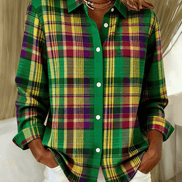 Esmeralda Plaid Cotton Flannel Button-Up Long Sleeve Blouse for Women