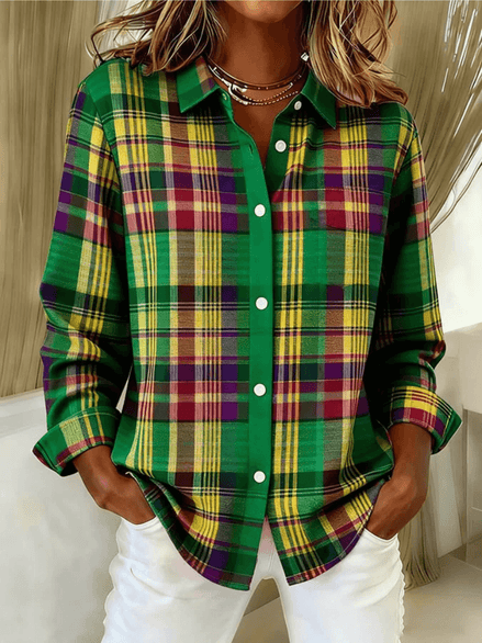 Esmeralda Plaid Cotton Flannel Button-Up Long Sleeve Blouse for Women