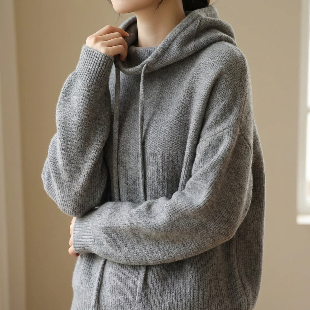 Women's Merino Wool Hooded Knitted Jumper with Drawstring