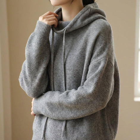 Women's Merino Wool Hooded Knitted Jumper with Drawstring