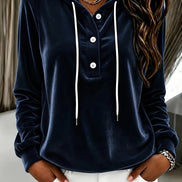 Women's Velvet Hooded Sweatshirt with Button Placket and Drawstring