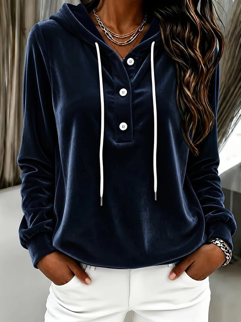 Women's Velvet Hooded Sweatshirt with Button Placket and Drawstring