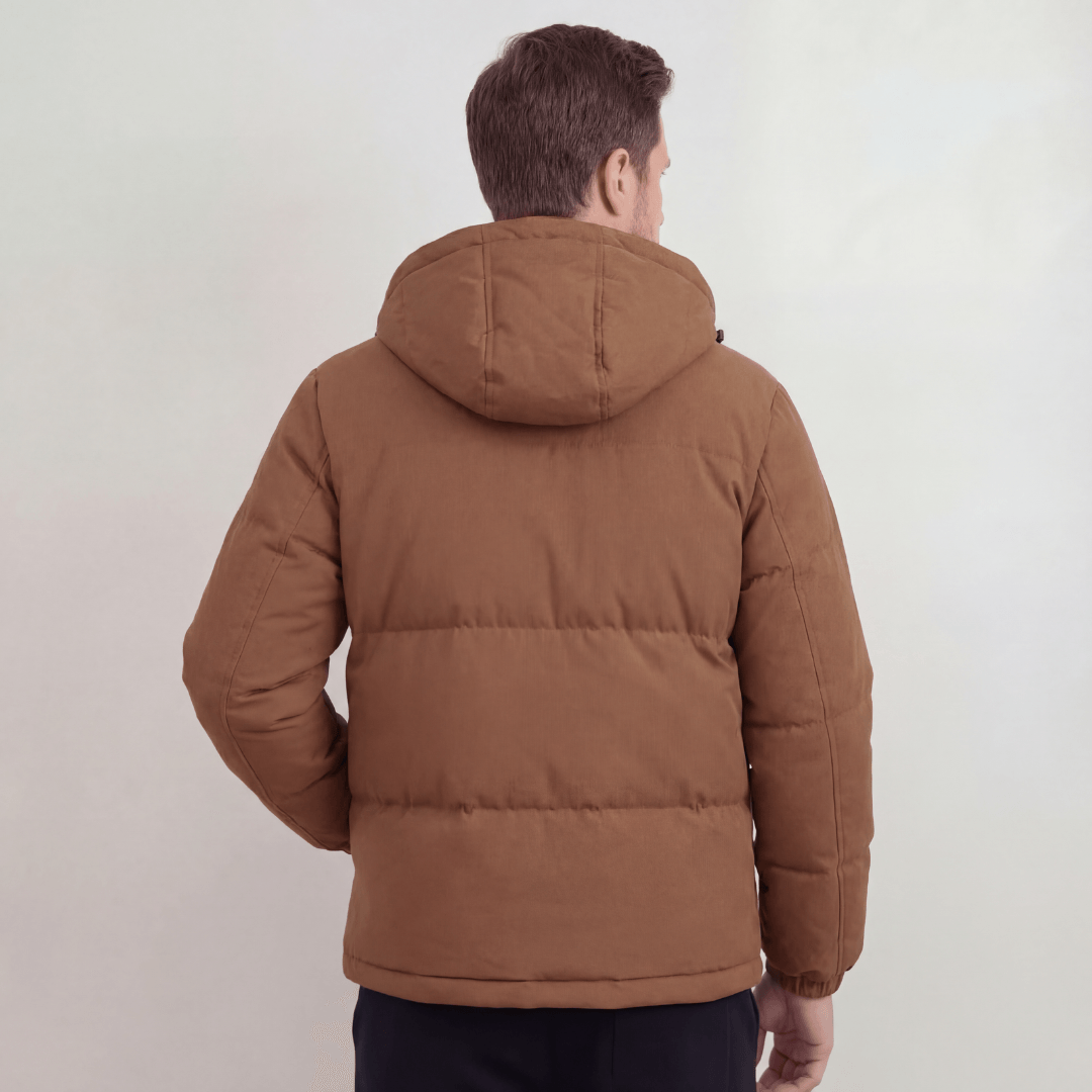 Men's Hooded Puffer Jacket with Adjustable Hood and Zip Closure