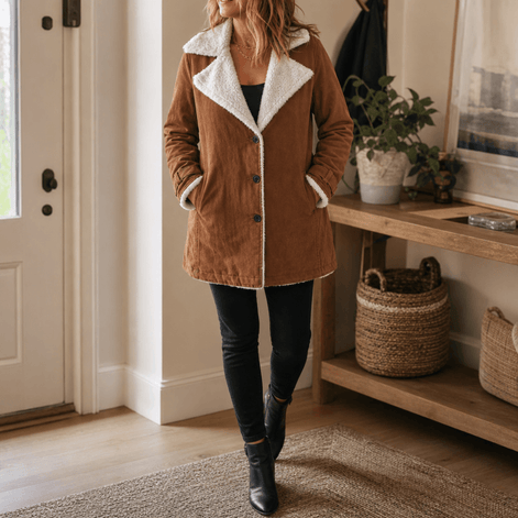 Sherpa-Lined Suede-Finish Lapel Jacket with Mid-Length Tailored Cut