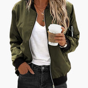 Women's Classic Polyester Bomber Jacket with Ribbed Trim and Zip-Up Front