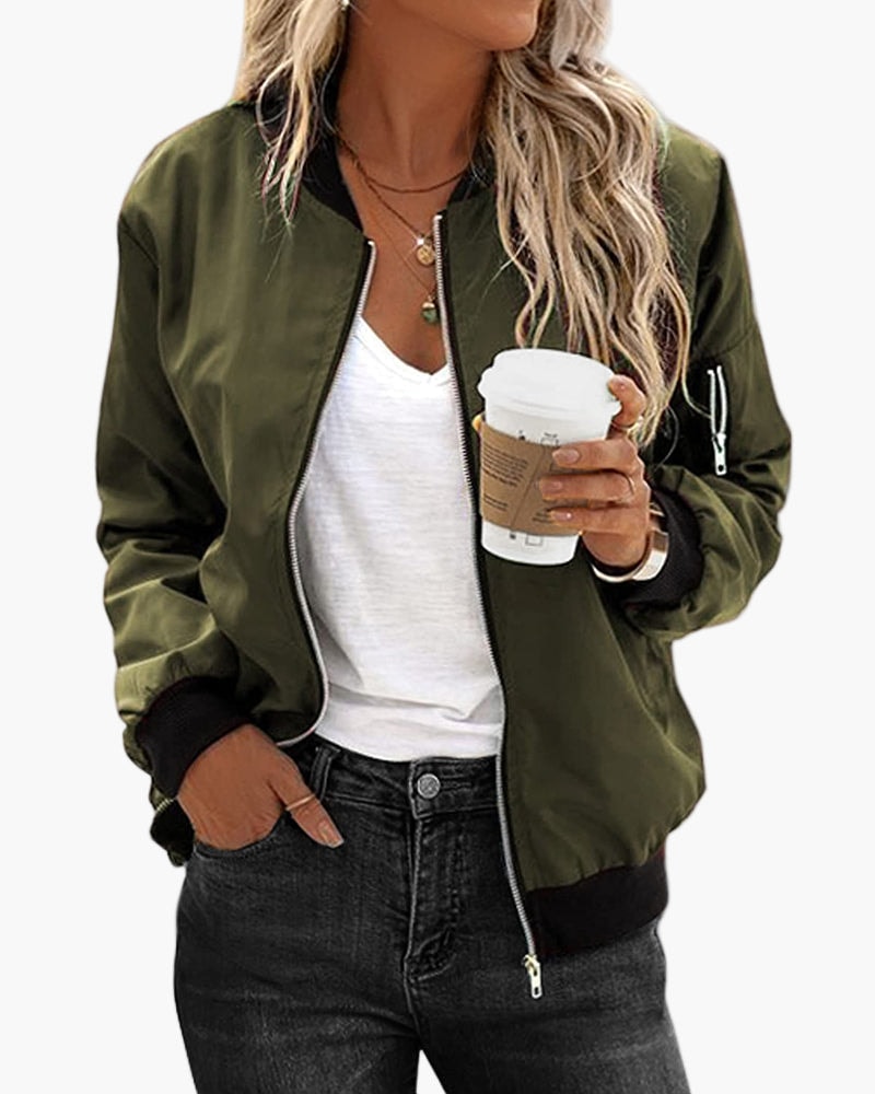Women's Classic Polyester Bomber Jacket with Ribbed Trim and Zip-Up Front