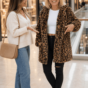 Women's Leopard Print Faux Fur Longline Coat with Open Front