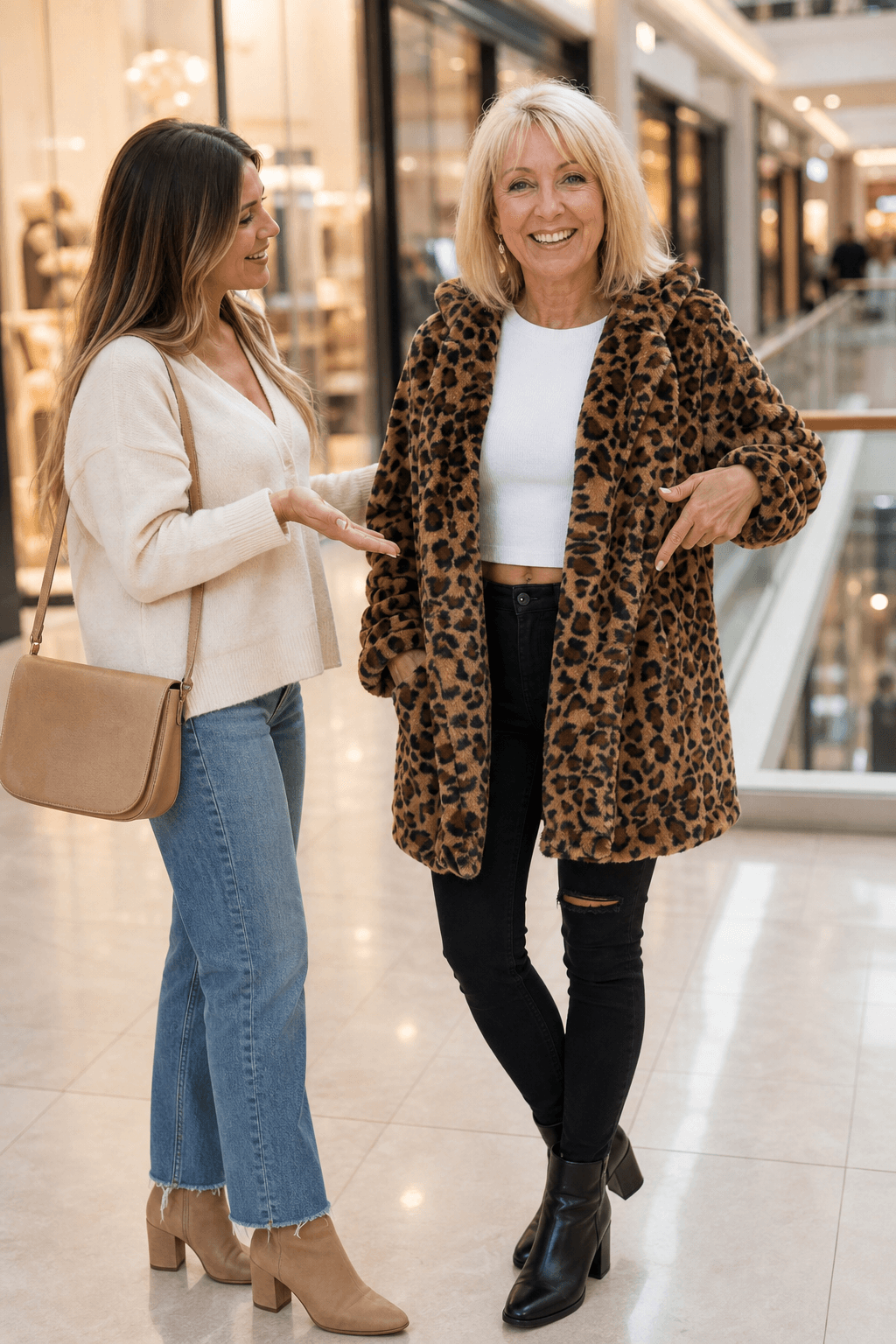 Women's Leopard Print Faux Fur Longline Coat with Open Front
