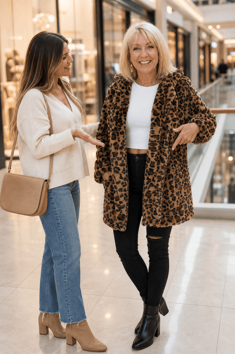 Women's Leopard Print Faux Fur Longline Coat with Open Front