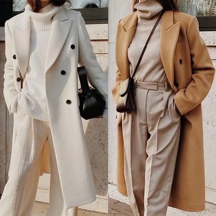 Pam Double-Breasted Long Wool-Blend Winter Coat for Women with Lapel Collar