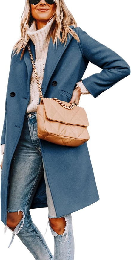 Women's Notch Lapel Double-Breasted Long Wool Winter Coat with Side Pockets