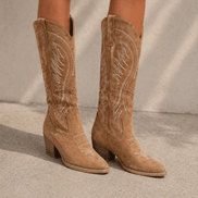 Suede Western Cowboy Knee-High Boots with Block Heel and Embroidered Stitching