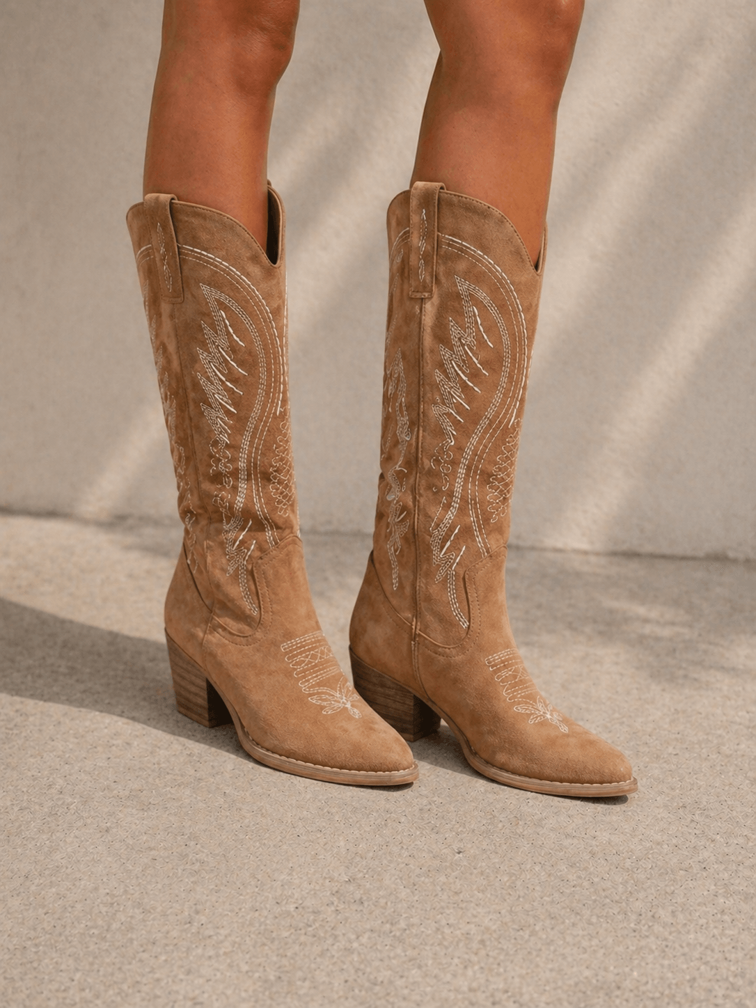 Suede Western Cowboy Knee-High Boots with Block Heel and Embroidered Stitching